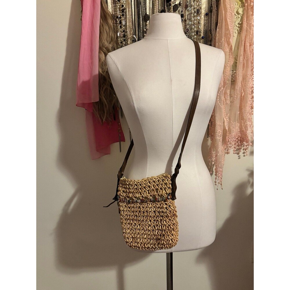 Vintage Woven Raffia Straw Crossbody Bag with Gemstone Crystal Chips